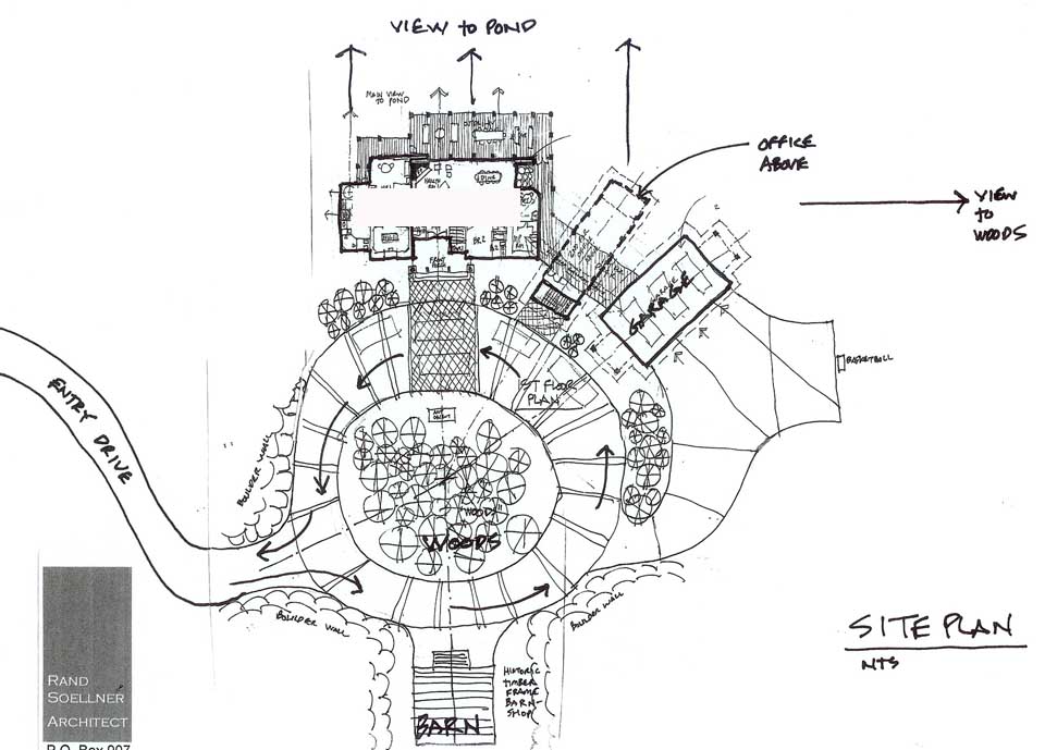 Log mansions designed by Rand Soellner.  Here, the main log mansion is at the top of the site plan, with bridge, office and garage/cottage to the right.  A barn/workshop in on the lower portion of the plan.  A central woods - courtyard has large flat boulder stones in the driveway encircling it.  (C)Copyright 2005-2010 Rand Soellner, All Rights Reserved Worldwide.