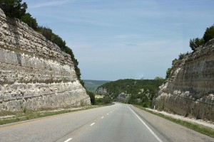 Hill Country Highway, illustrating the bedrock underlying the rolling hills.