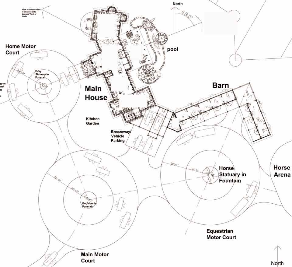 Family Ranch Architects develop detailed mutiple-building complexes for family estates, with barns, pools, fountains, roads, motor courts, equestrian arenas, garden plots and more.  (C)Copyright 2007-2010 Rand Soellner, All Rights Reserved Worldwide.