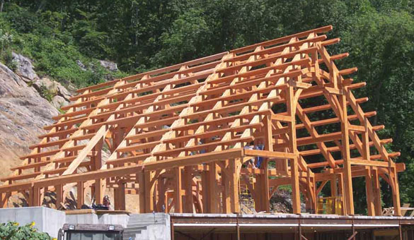 Timber frame structure for one of Rand Soellner's castle home designs, (C)Copyright 2010 Rand Soellner, All Rights Reserved.  Photo courtesy of Jeff Johnson Timber Frames inc.  Timber frame fabrication and erection by Jeff Johnson. Castle design by Rand Soellner.